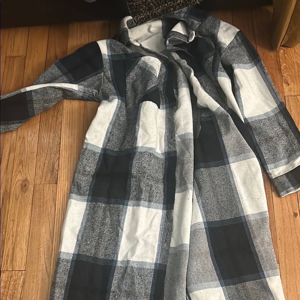 SHEIN Black and White Plaid Trench Coat